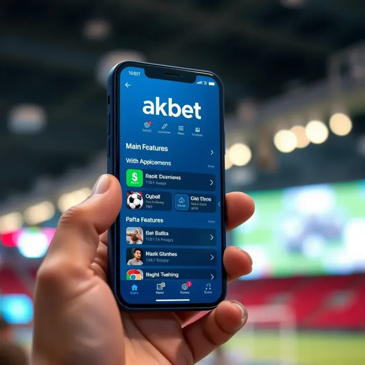 Smartphone displaying Akbet app interface highlighting main features and navigation