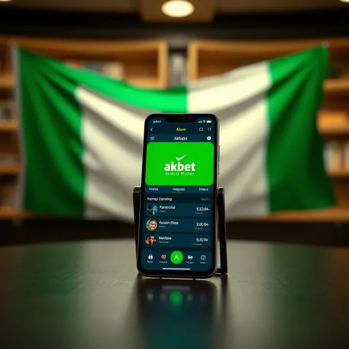 Mobile phone displaying Akbet online platform interface with Nigerian flag in background