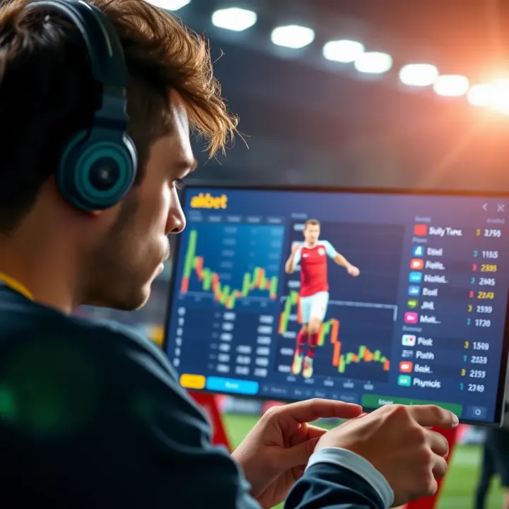 Illustration of a football fan analyzing prediction data on a digital screen