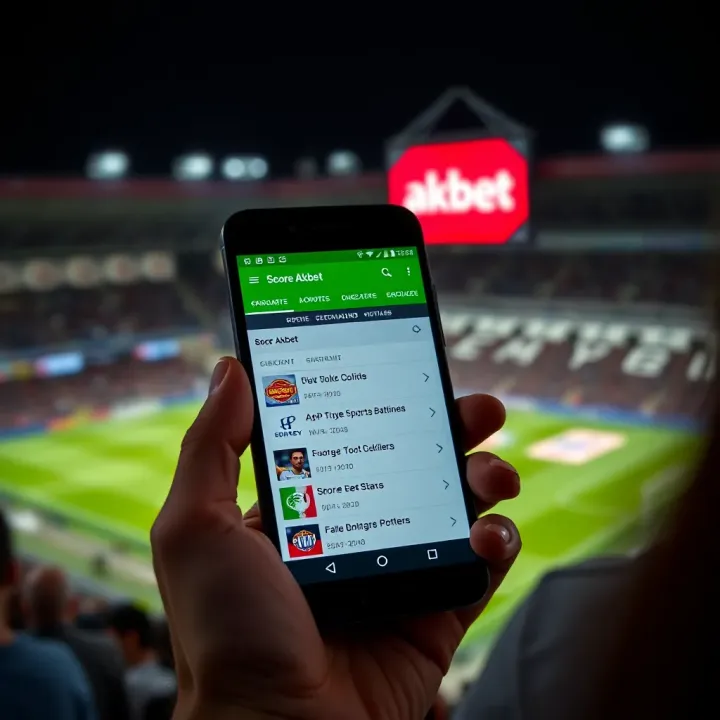 Android smartphone displaying Score Akbet app interface with sports betting options