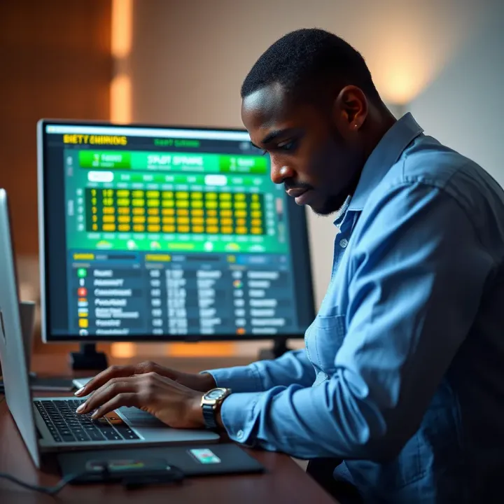 Nigerian bettor using laptop with football scores and prediction charts on screen