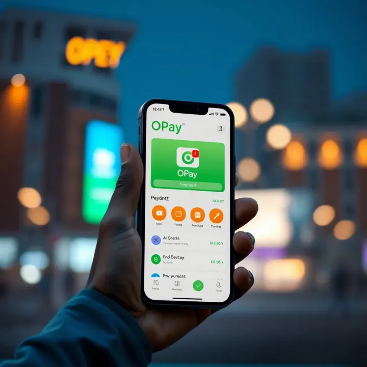 Mobile phone showing OPay fintech app with payment and transfer features